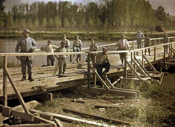 French Soldiers from a Special Unit Building a Wooden Bridge Across the Aisne, Soissons, France, 1917